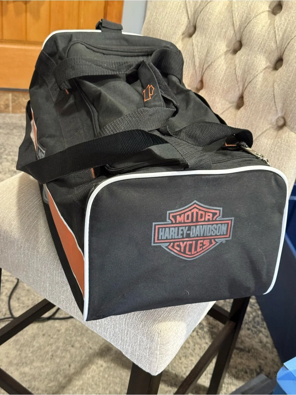 Harley-Davidson Black and Orange Duffel with Logo 21” X 12”
